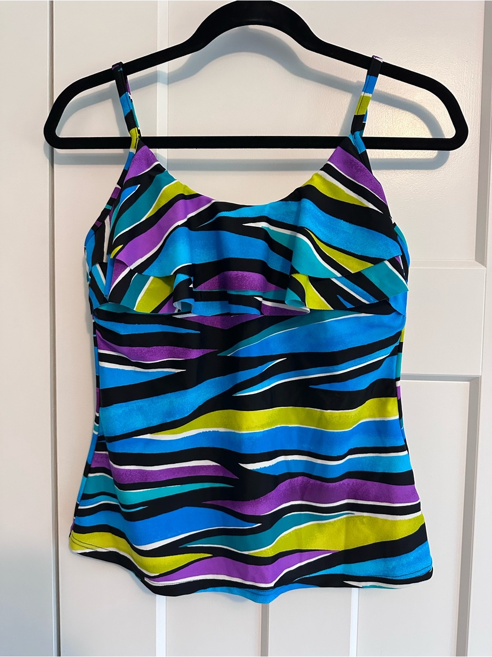 Vibrant Multi-Stripe Ruffle Swim Cami (top ONLY) - Blue, Purple & Lime